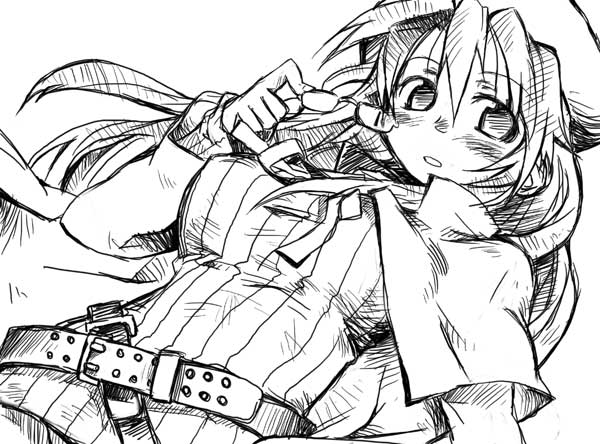 aty, aty (summon night), summon night, summon night 3, 1girl, belt, belt skirt, cape, female focus, from below, glasses, greyscale, holding, holding removed eyewear, looking down, monochrome, solo, unworn eyewear