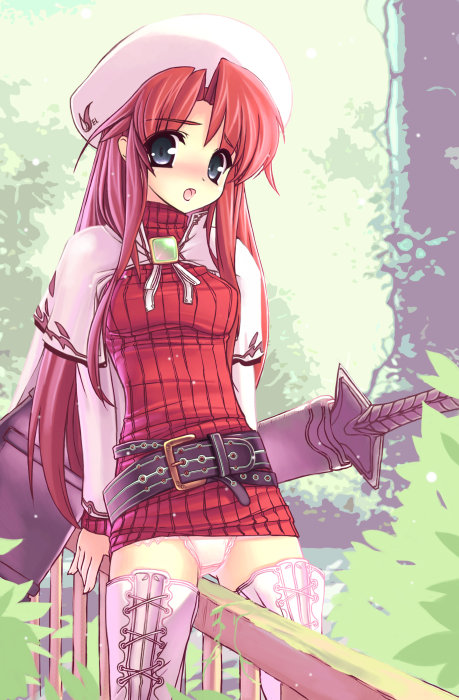 freyja (aquila), freyja (artist), aty, aty (summon night), summon night, summon night 3, striped, 1girl, belt, boots, crotch rub, female focus, female masturbation, fence, lace, lace-trimmed panties, lace trim, long sleeves, masturbation, miniskirt, on railing, panties, pantyshot, pink panties, railing, red hair, skirt, solo, straddling, sword, thigh boots, thighhighs, underwear, upskirt, weapon, white boots, zettai ryouiki