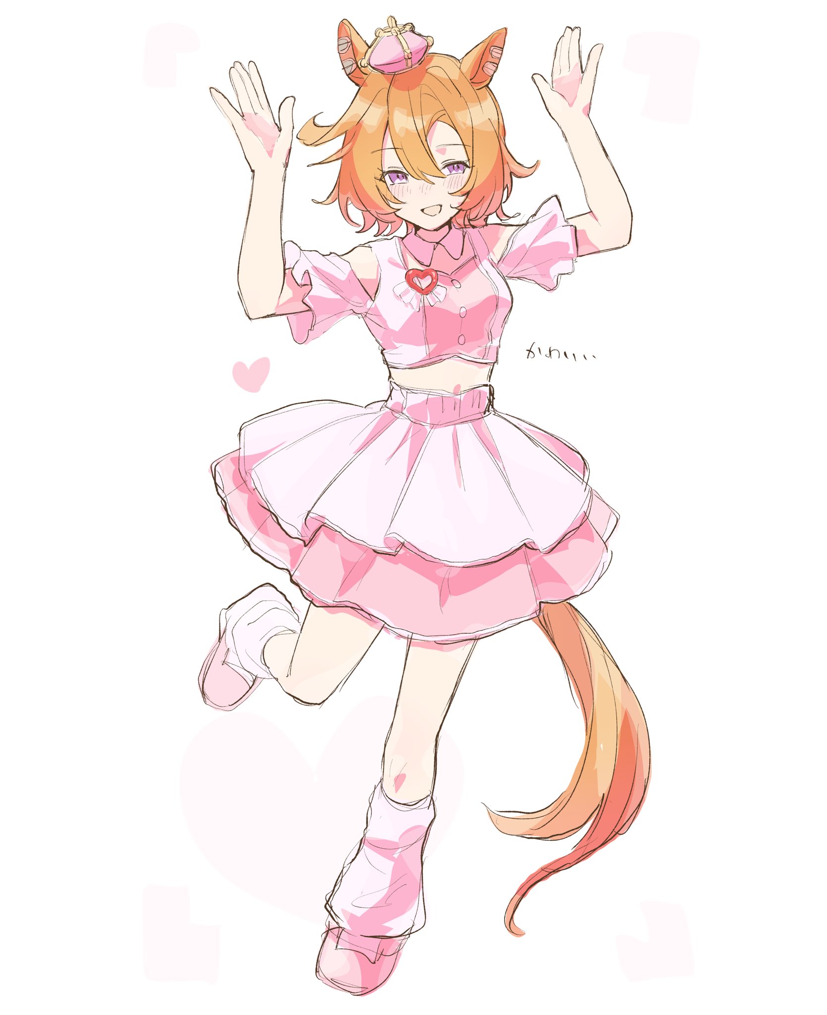 amano (amano miko), t.m. opera o (umamusume), umamusume, highres, 1girl, alternate costume, animal ears, arms up, blush, crown, dress, full body, hair between eyes, heart, heart ornament, horse ears, horse girl, horse tail, looking at viewer, mini crown, open mouth, orange hair, pale skin, puffy short sleeves, puffy sleeves, purple eyes, short hair, short sleeves, simple background, solo, spoken heart, tail, white background