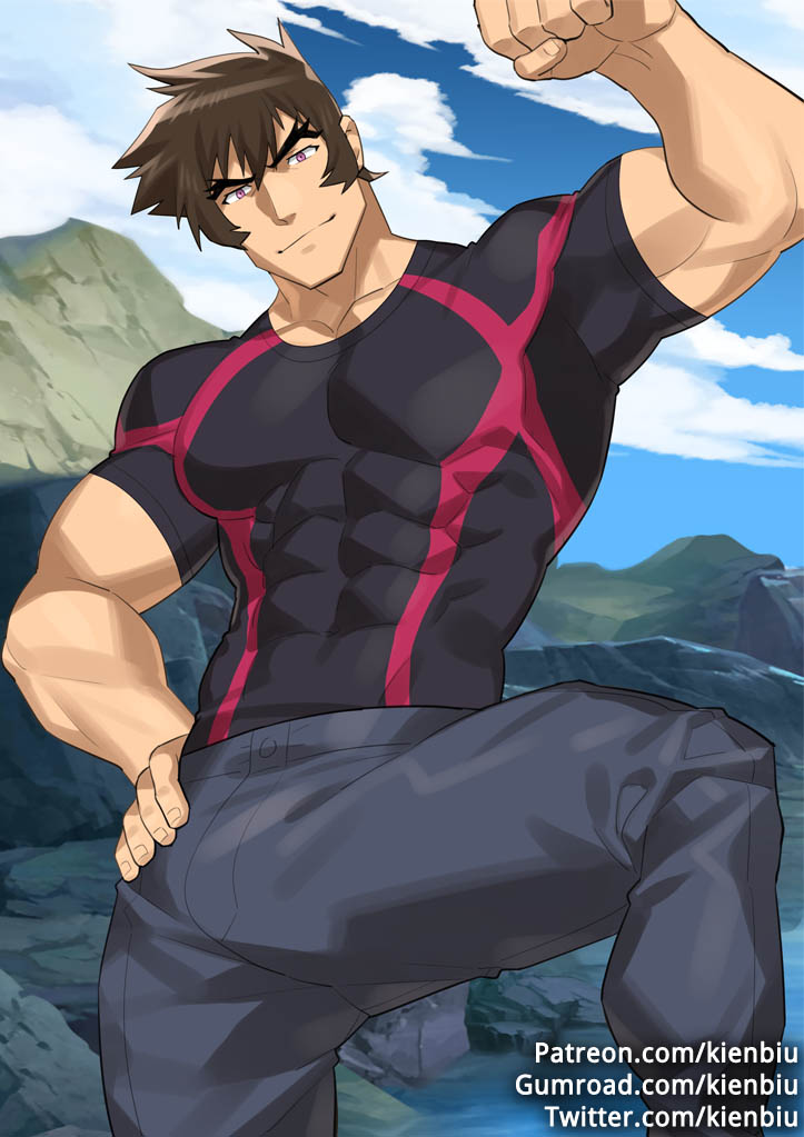 kienbiu, sairaorg bael, high school dxd, commentary, english commentary, paid reward available, variant set, 1boy, bara, brown hair, covered abs, flexing, gumroad username, looking at viewer, male focus, muscular, muscular male, outdoors, pants, patreon username, purple eyes, shirt, short hair, sky, solo, tight clothes, tight shirt, twitter username