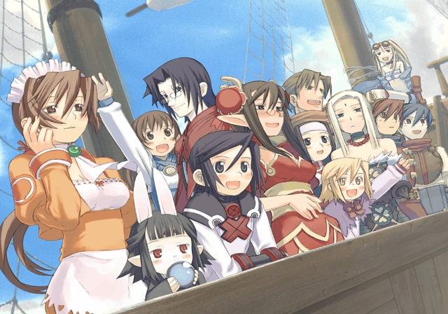 kuroboshi kouhaku, akane (summon night), amer, folte (summon night), hasaha, keina, kelma wordein, magna, meimei (summon night), minis, morlin, nesty, paffel, reina (summon night), relma wordein, rocca, ryuug, toris, summon night, summon night 2, 4boys, 6+girls, animal ears, bun cover, double bun, glasses, goggles, headband, maid, multiple boys, multiple girls, orange shirt, pointy ears, shirt