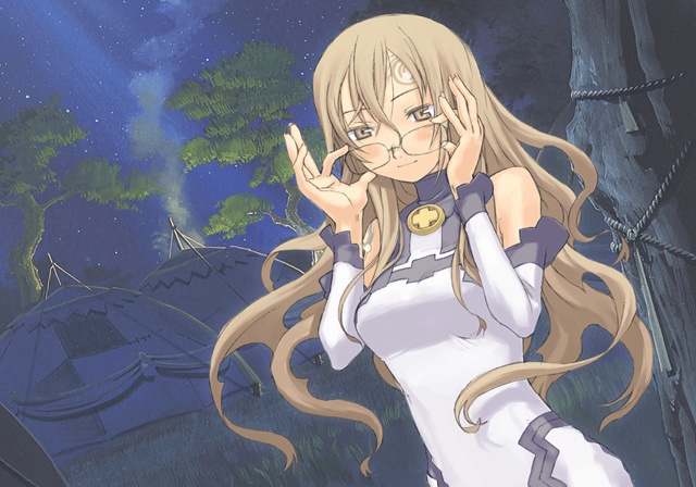 ardylia, summon night, summon night 3, 1girl, adjusting eyewear, bare shoulders, blush, brown eyes, brown hair, detached sleeves, female focus, glasses, long hair, night, night sky, outdoors, sky, smile, smoke, solo, tent, tree, turtleneck