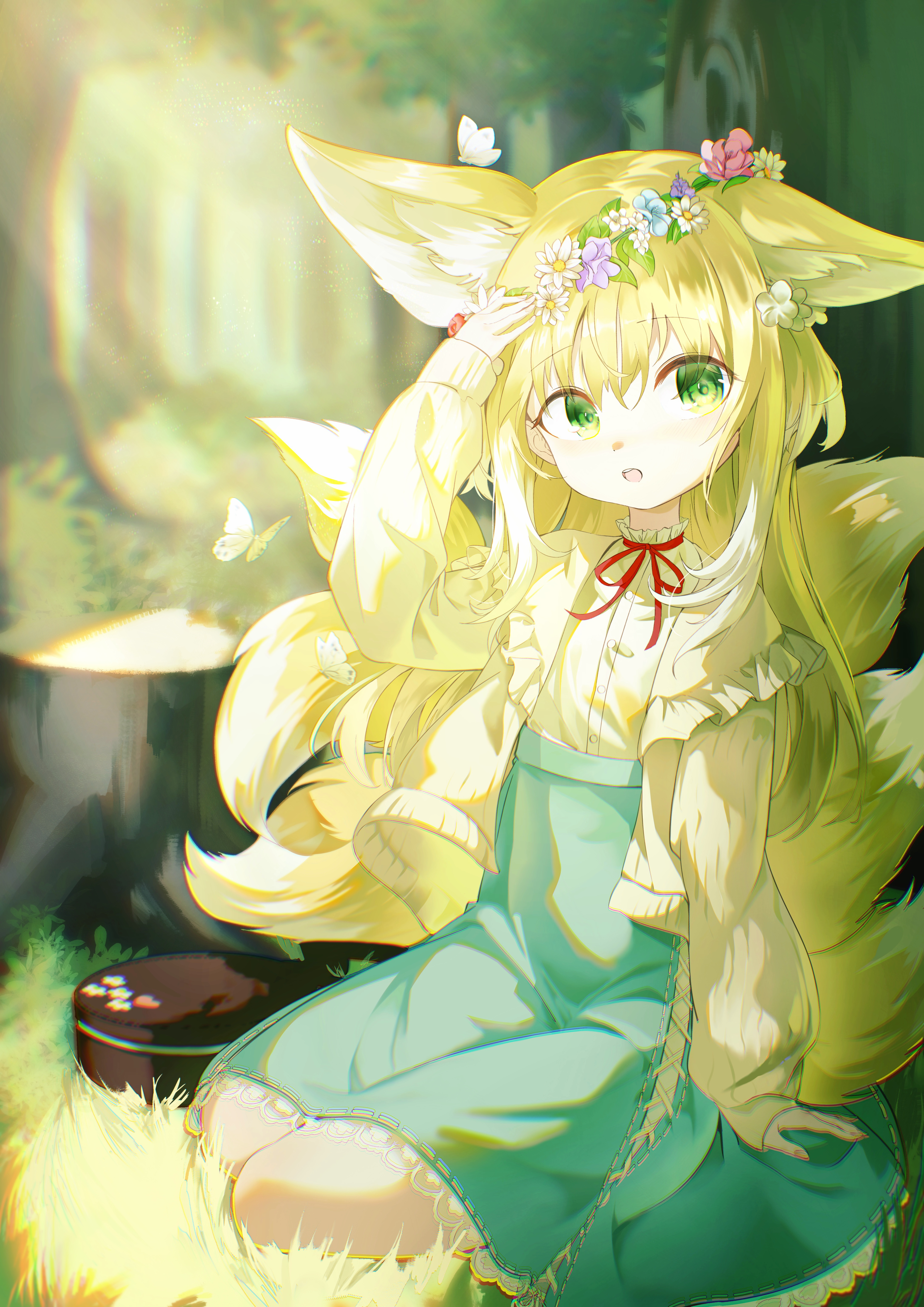 amesa, suzuran (arknights), suzuran (spring praise) (arknights), arknights, absurdres, commentary, highres, revision, 1girl, animal ears, bag, blonde hair, blue skirt, brown bag, brown cardigan, bug, butterfly, butterfly on ear, cardigan, colored tips, extra ears, fox ears, fox girl, fox tail, frilled cardigan, frills, green eyes, hand up, high-waist skirt, insect, kitsune, kyuubi, long hair, long sleeves, medium skirt, multicolored hair, multiple tails, neck ribbon, official alternate costume, open cardigan, open clothes, open mouth, outdoors, red ribbon, ribbon, round bag, shirt, sitting, skirt, sleeves past wrists, solo, tail, two-tone hair, unworn bag, white butterfly, white hair, white shirt, yellow cardigan