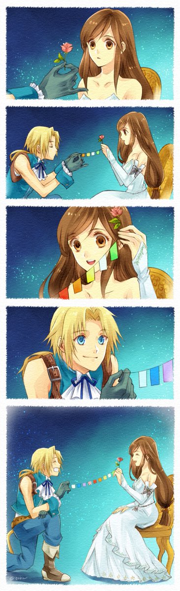 quichi 91, garnet til alexandros xvii, zidane tribal, final fantasy, final fantasy ix, 1boy, 1girl, aqua vest, ascot, bare shoulders, belt, blonde hair, blue eyes, blue pants, blue wrist cuffs, boots, border, brown belt, brown eyes, brown hair, cat tail, chair, closed eyes, couple, cropped vest, detached sleeves, dress, flower, full body, gloves, grey boots, grey gloves, hetero, holding, holding flower, long dress, long hair, looking at another, low-tied long hair, low ponytail, multiple views, neck ribbon, official alternate costume, on one knee, open mouth, pants, parted bangs, pennant, pink flower, pink rose, ponytail, ribbon, rose, sitting, smile, strapless, strapless dress, tail, upper body, vest, white ascot, white border, white dress, white sleeves, wrist cuffs