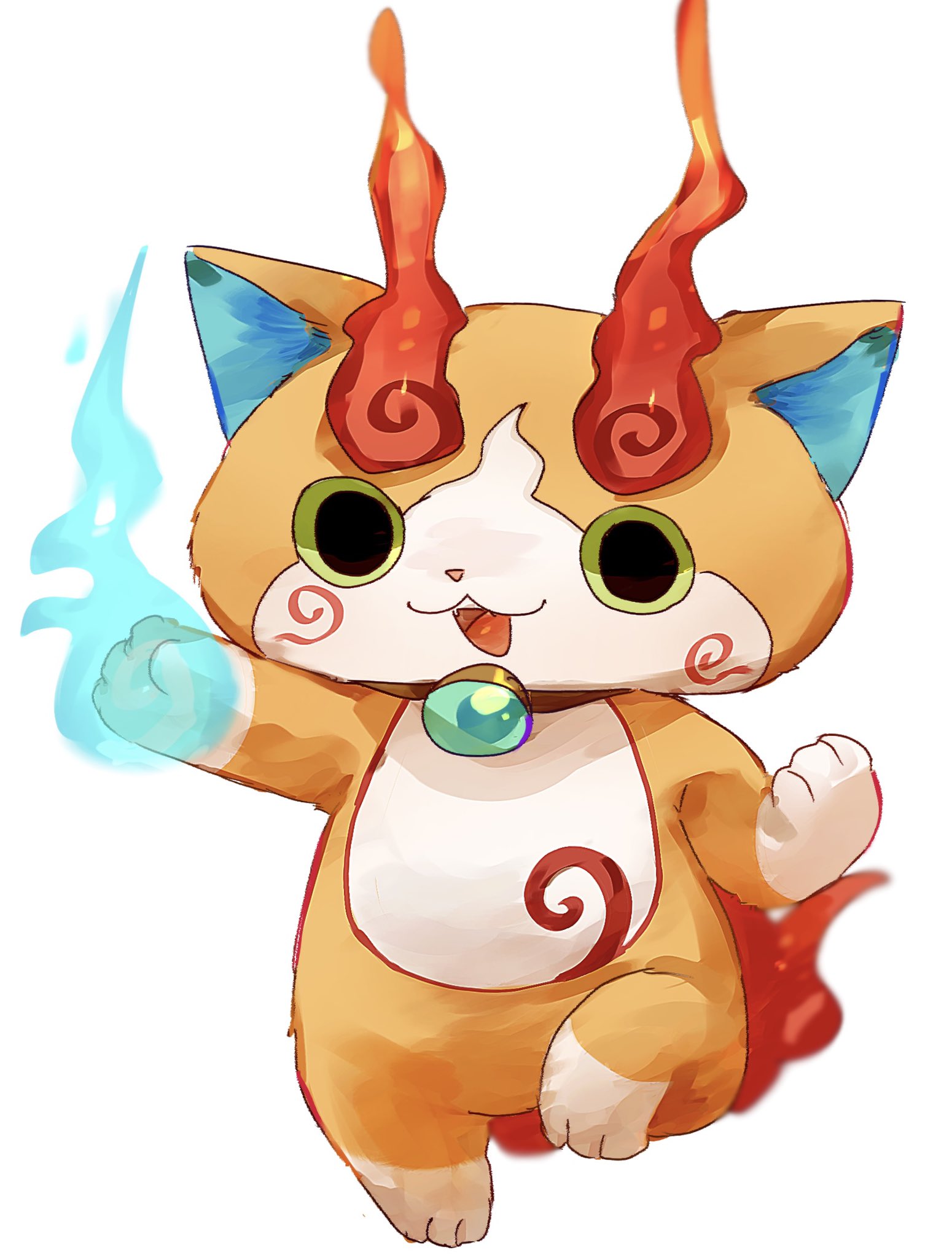 jibakoma, youkai watch, highres, blue fire, fire, looking at viewer, no humans, orange fur, simple background, solo, two-tone fur, umeyoukan hn43, white background, white fur, youkai (youkai watch)