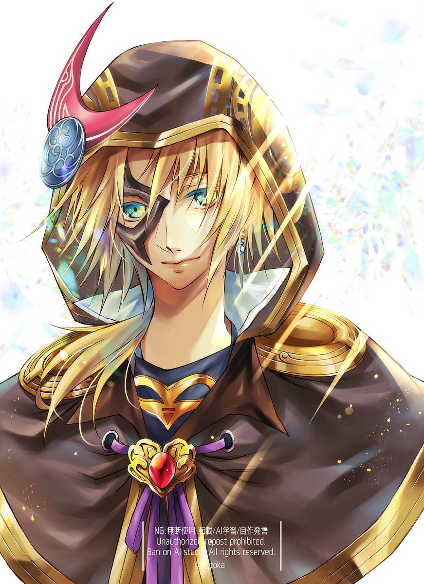 quichi 91, zidane tribal, dissidia final fantasy, dissidia final fantasy nt, final fantasy, final fantasy ix, highres, 1boy, aqua eyes, black cloak, black mask, blonde hair, cloak, colored eyelashes, earrings, gem, gold trim, hair between eyes, hair over shoulder, half mask, hood, hood up, hooded cloak, jewelry, low ponytail, male focus, mask, official alternate costume, parted bangs, ponytail, popped collar, red gemstone, solo, twitter username, upper body