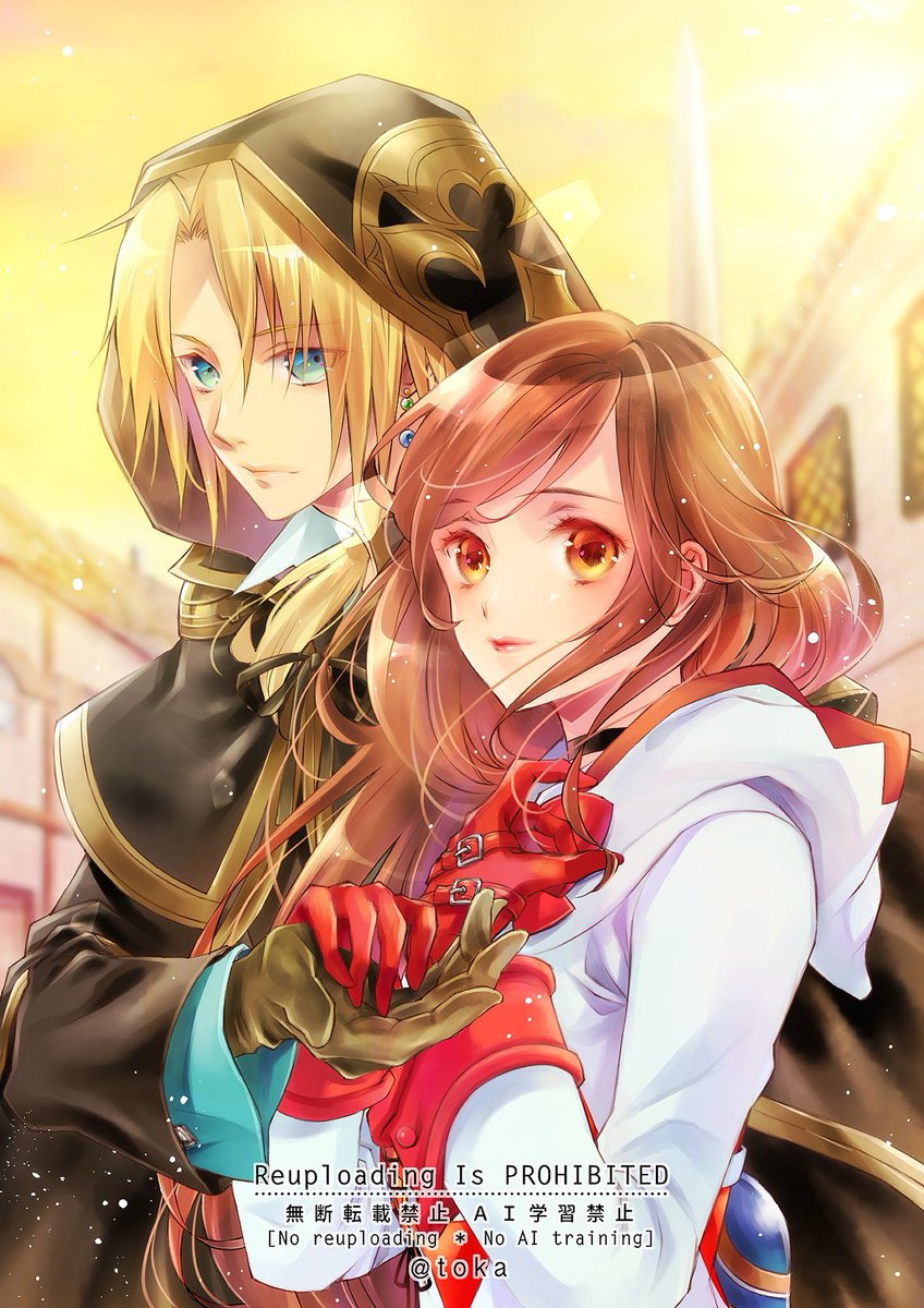 quichi 91, garnet til alexandros xvii, white mage (final fantasy), zidane tribal, final fantasy, final fantasy ix, highres, 1boy, 1girl, aqua eyes, black choker, black cloak, blonde hair, blurry, blurry background, brown gloves, brown hair, choker, cloak, couple, earrings, gloves, gold trim, hair between eyes, hand on own chest, hetero, holding hands, hood, hood down, hood up, hooded cloak, hooded robe, jewelry, official alternate costume, parted bangs, red gloves, red trim, robe, swept bangs, twitter username, upper body, white robe