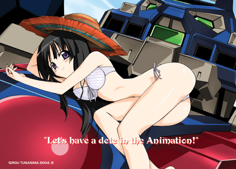 tsunashima shirou, moribito-02, tsuzaki aoba, jinki, 00s, 1girl, ass, bikini, black hair, blush, day, english text, engrish text, female focus, hat, hime cut, long hair, lying, mecha, on side, purple eyes, ranguage, robot, side-tie bikini bottom, smile, solo, straw hat, striped bikini, striped clothes, swimsuit