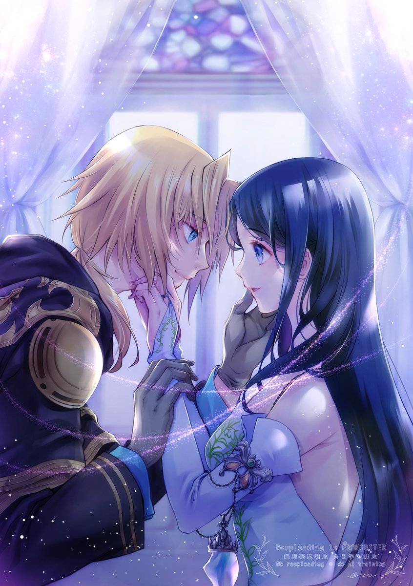 quichi 91, garnet til alexandros xvii, zidane tribal, final fantasy, final fantasy ix, highres, 1boy, 1girl, bare shoulders, black hair, blonde hair, blue eyes, breasts, bridal gauntlets, cloak, couple, curtains, detached sleeves, dress, gloves, gold trim, grey gloves, hair over shoulder, hand on another's cheek, hand on another's face, hetero, holding another's wrist, hood, hood down, hooded cloak, long hair, low ponytail, medium breasts, official alternate costume, parted bangs, parted lips, ponytail, smile, strapless, strapless dress, upper body, white dress