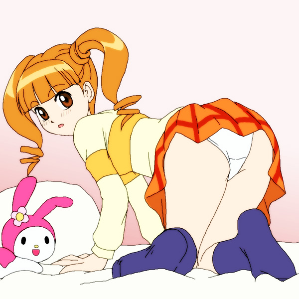 my melody, yumeno uta, onegai my melody, sanrio, 00s, 1girl, all fours, female focus, looking at viewer, looking back, panties, pantyshot, plaid clothes, plaid skirt, skirt, socks, solo, underwear, white panties