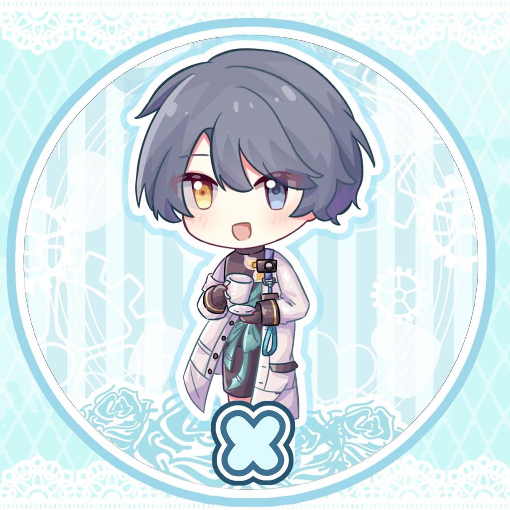 x (reverse:1999), reverse:1999, 1boy, :d, black gloves, black shorts, blue background, blue eyes, character name, chibi, coat, cup, full body, gloves, grey hair, heterochromia, holding, holding cup, holding saucer, kikuka, looking at viewer, male focus, open mouth, saucer, short hair, shorts, smile, solo, standing, white coat, yellow eyes