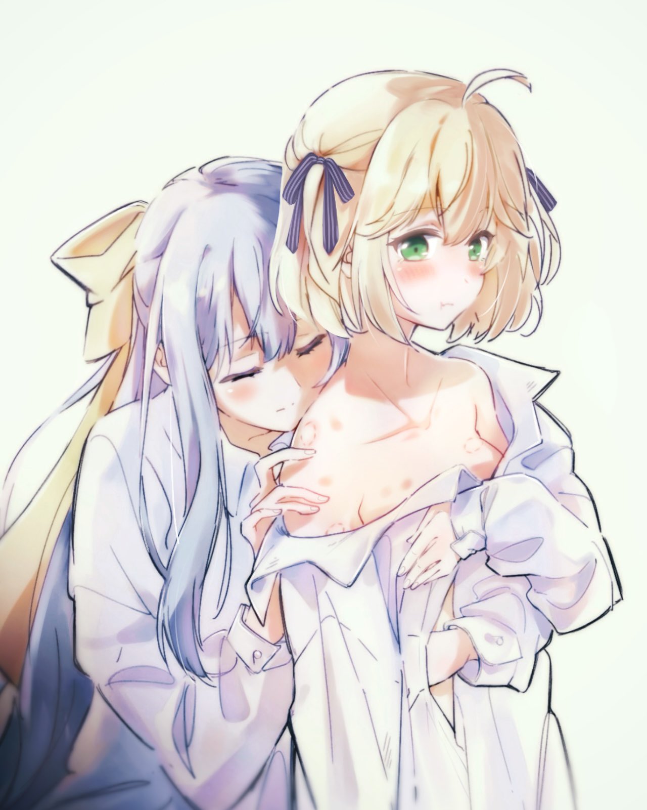qqwan120, anisphia wynn palettia, euphyllia magenta, tensei oujo to tensai reijou no mahou kakumei, commentary, highres, 2girls, ahoge, bite mark, bite mark on breast, bite mark on shoulder, black ribbon, blonde hair, blue background, closed eyes, closed mouth, collared shirt, green eyes, grey hair, hair ribbon, hand on another's shoulder, hickey, long hair, medium hair, multiple girls, off shoulder, ribbon, shirt, simple background, white shirt, yellow ribbon, yuri