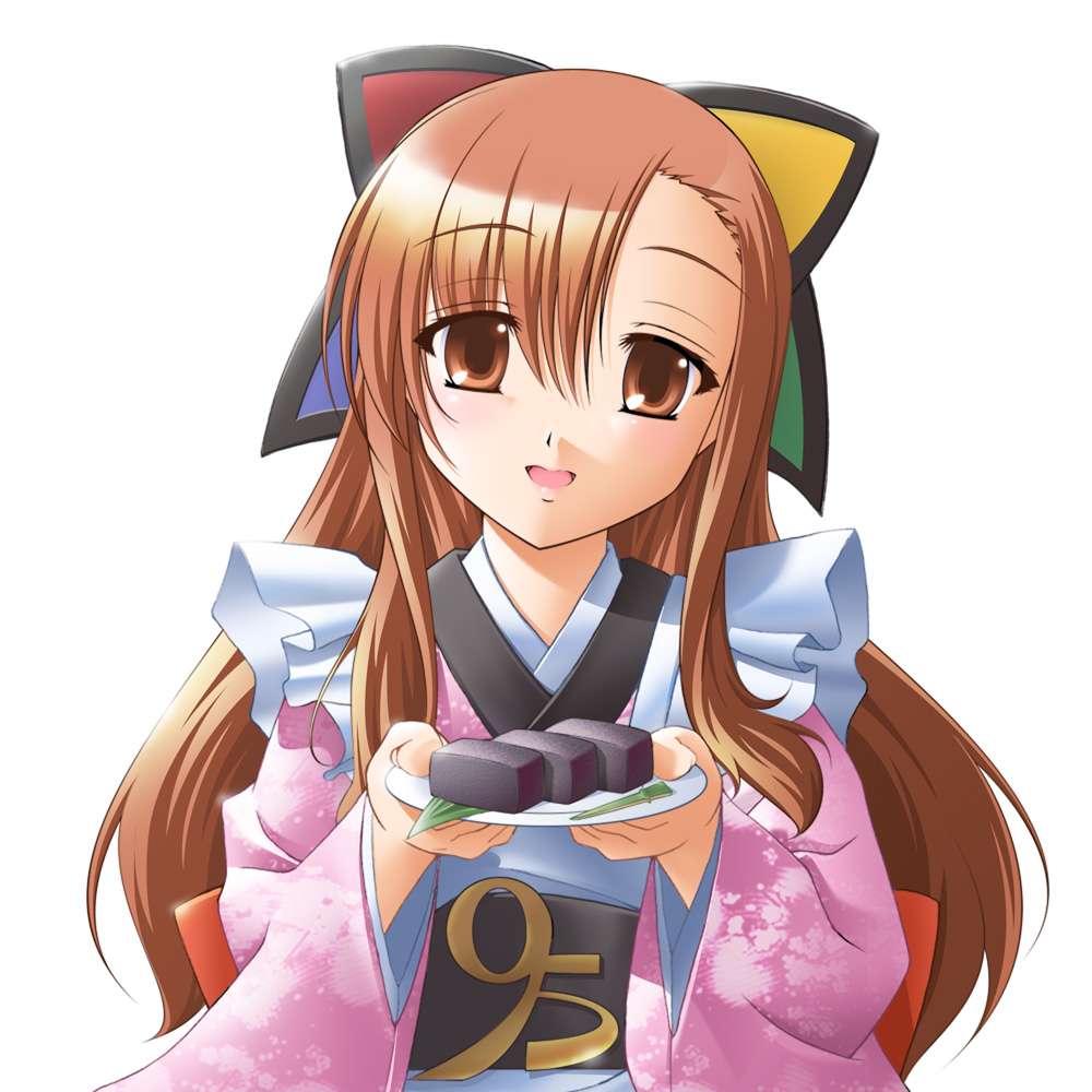 95-tan, os-tan, 1girl, brown eyes, brown hair, female focus, food, giving, japanese clothes, kimono, long hair, looking at viewer, obi, plate, sash, simple background, solo, upper body, white background