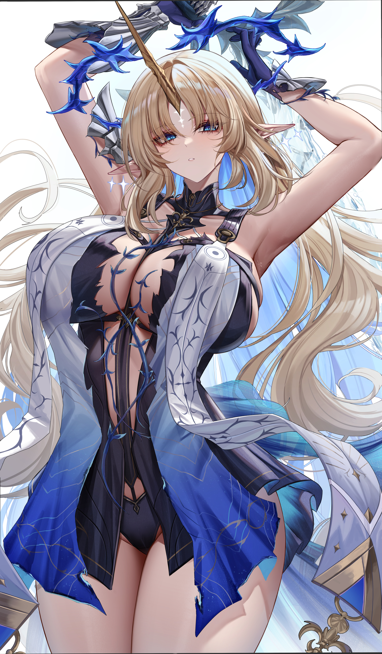 eternity (shadeh), fleurdelys (wuthering waves), wuthering waves, absurdres, commentary, highres, 1girl, armpits, arms up, bare shoulders, black collar, black dress, blonde hair, blue eyes, blue hair, breasts, collar, colored inner hair, cowboy shot, dress, earrings, floating earrings, holding, holding sword, holding weapon, horns, huge breasts, jewelry, long hair, long horns, looking at viewer, multicolored hair, necklace, parted bangs, parted lips, pointy ears, sidelocks, simple background, single horn, solo, sword, tacet mark (wuthering waves), thighs, very long hair, weapon, white background, yellow horns