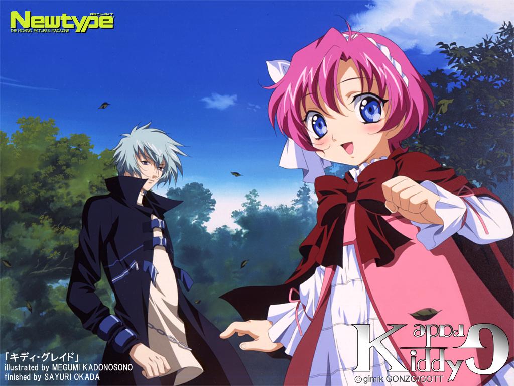kadonosono megumi, okada sayuri, cesario, viola (kiddy grade), kiddy grade, silver hair, 00s, 1boy, 1girl, blue eyes, blush, bow, cape, chain, day, dress, hair between eyes, hairband, happy, jacket, outdoors, pink hair, short hair, sky, tree, wind