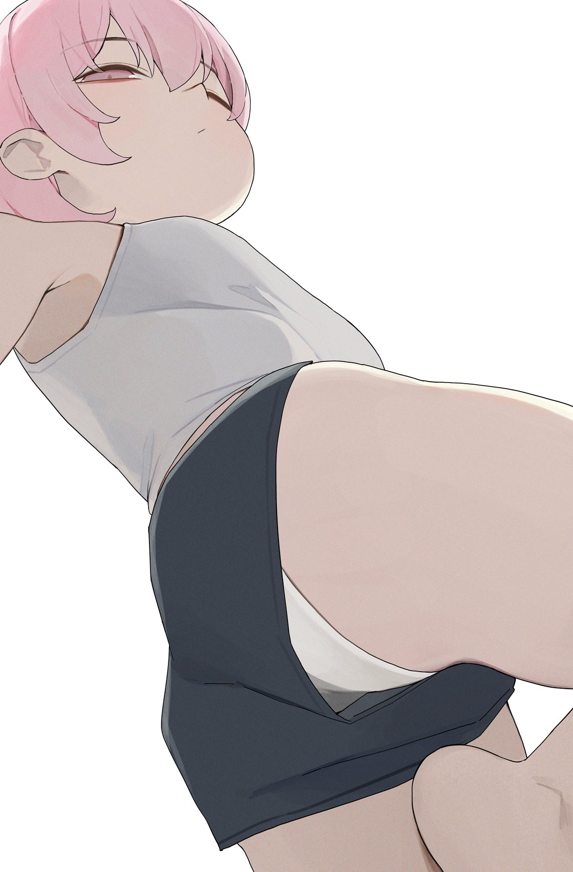 hiroki (yyqw7151), original, highres, 2girls, black shorts, breasts, medium breasts, multiple girls, one eye closed, panties, pink eyes, pink hair, shorts, simple background, solo, underwear, white background, white panties