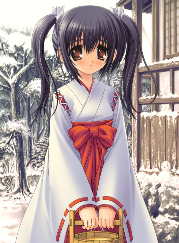 norita, 1girl, black hair, brown eyes, bucket, child, day, female focus, hakama, hakama skirt, japanese clothes, looking at viewer, miko, outdoors, red eyes, red hakama, skirt, snow, snowman, solo, standing, tree, twintails