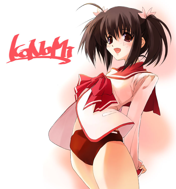 nagare hyougo, yuzuhara konomi, to heart (series), to heart 2, 00s, 1girl, buruma, cameltoe, character name, cowboy shot, female focus, gym uniform, looking at viewer, shirt, solo, two side up