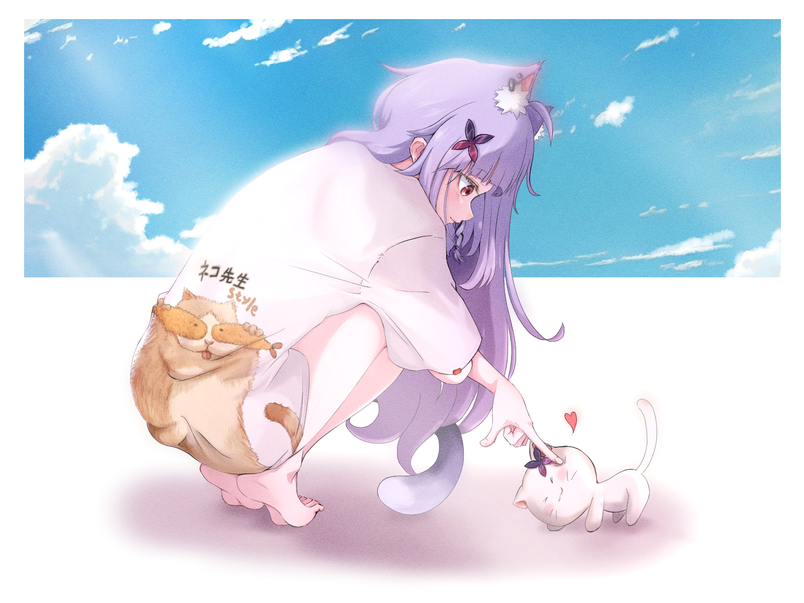 mikeneko (vtuber), indie virtual youtuber, highres, 1girl, animal, animal ears, animal print, barefoot, cat, cat ears, cat girl, cat print, cat tail, extra ears, finger on another's head, full body, kumo keki, long hair, looking at animal, purple hair, shirt, squatting, tail, virtual youtuber, white shirt
