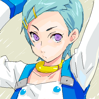 madara sai, eureka (eureka seven), eureka seven, eureka seven (series), lowres, 00s, 1girl, aqua hair, arms up, buttons, expressionless, female focus, frown, green hair, hair ornament, hairclip, jewelry, looking at viewer, neck ring, necklace, oekaki, purple eyes, short hair, silver background, simple background, sketch, solo, upper body