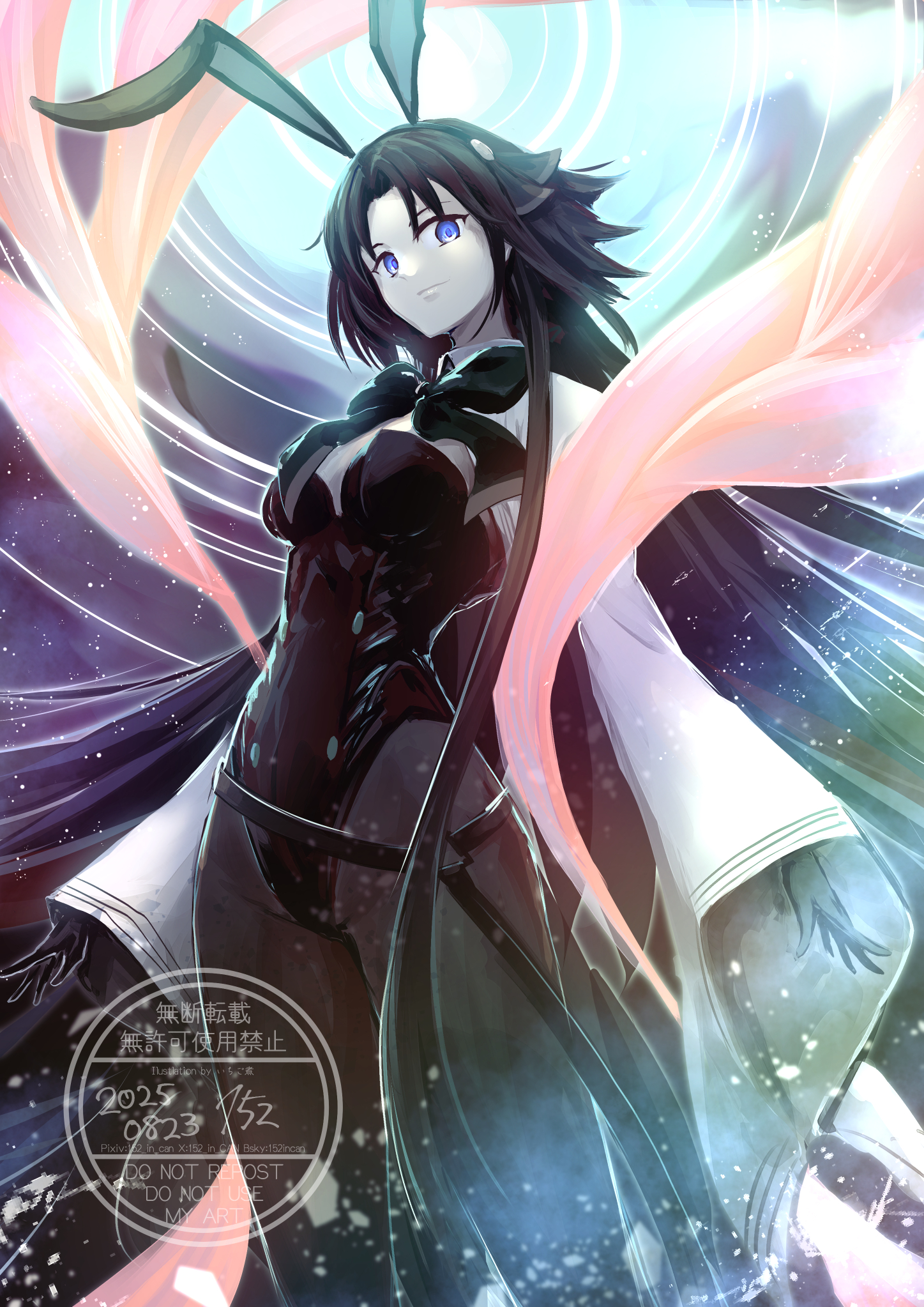 152 in can, ryougi shiki, ryougi shiki (swimsuit mooncancer), fate/grand order, fate (series), highres, 1girl, absurdly long hair, animal ear hairband, animal ears, belt, black belt, black bow, black bowtie, black gloves, black leotard, black pantyhose, blue eyes, bow, bowtie, breasts, brown hair, brown pantyhose, cleavage, curtained hair, dynamic pose, fake animal ears, full body, full moon, gloves, hagoromo, hairband, highleg, highleg leotard, leotard, long hair, long sleeves, looking at viewer, medium breasts, moon, pantyhose, parted bangs, playboy bunny, rabbit ears, ryougi shiki (swimsuit mooncancer) (third ascension), sash, shawl, shrug (clothing), smile, solo, thighs, very long hair, white shrug, wide sleeves