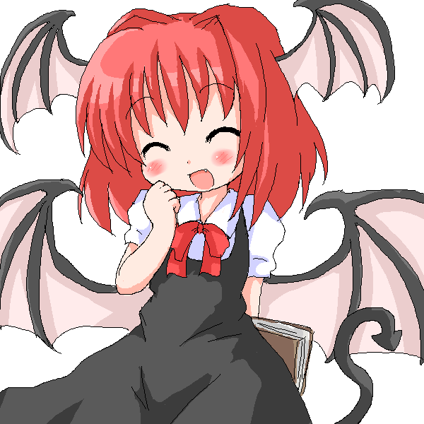 geetsu, koakuma, embodiment of scarlet devil, touhou, 1girl, :d, ^ ^, arm behind back, bat wings, blush, book, chibi, chibi only, closed eyes, demon tail, demon wings, fang, female focus, happy, head wings, oekaki, open mouth, red hair, simple background, smile, solo, tail, white background, wings