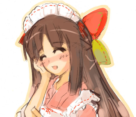 momiji mao, 95-tan, os-tan, lowres, 1girl, ^ ^, blush, brown hair, closed eyes, female focus, half updo, hand on own cheek, hand on own face, long hair, maid, maid headdress, simple background, sketch, smile, solo, white background