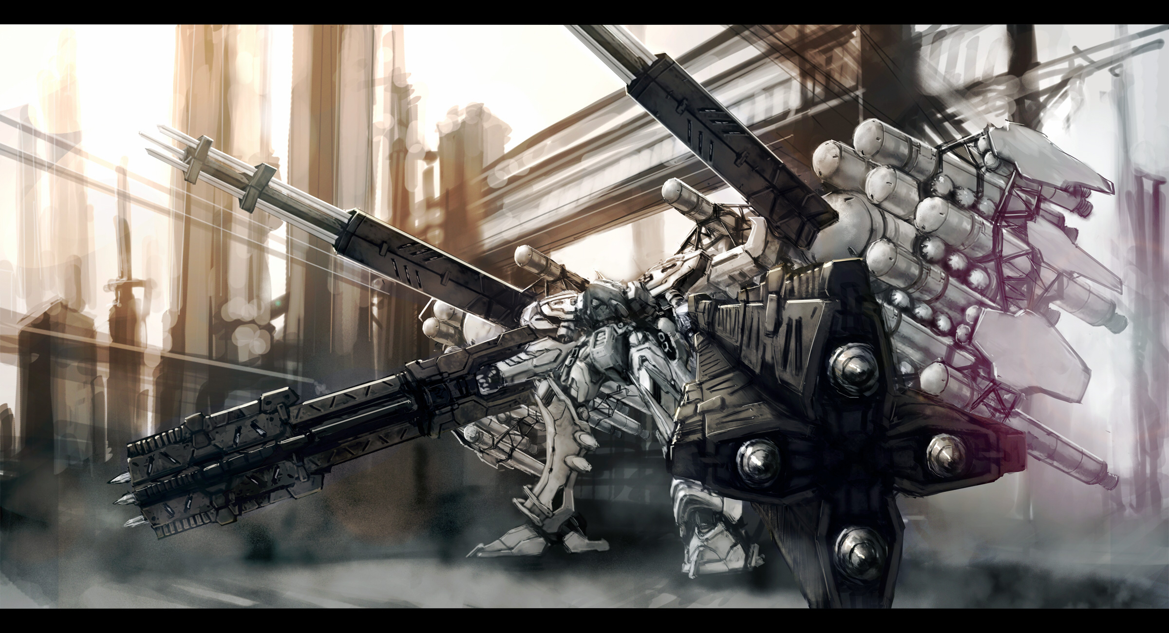 vanguard overboost, white glint, armored core, armored core: for answer, boosters, building, cannon, city, fuel tank, mecha, no humans, pile bunker, ra0aaa, robot, shoulder cannon, steam