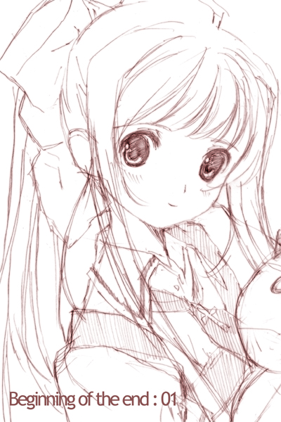mibu natsuki, kamio misuzu, air (visual novel), 00s, 1girl, female focus, holding, holding stuffed toy, jewelry, monochrome, necklace, pink theme, ponytail, sketch, solo, stuffed toy