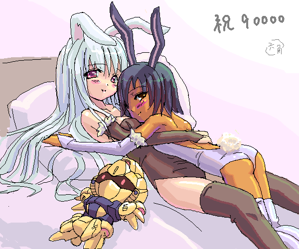 musumi renga, hyaku shiki, gundam, original, zeta gundam, 2girls, animal ears, black thighhighs, blush, leotard, mecha, multiple girls, oekaki, playboy bunny, rabbit ears, robot, thighhighs, toy, white thighhighs, yuri