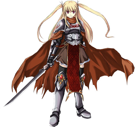 nekonote (nekono paraiso), original, lowres, 1girl, armor, armored dress, blonde hair, brown dress, cape, dress, female focus, long hair, red eyes, simple background, solo, sword, tabard, twintails, two side up, weapon