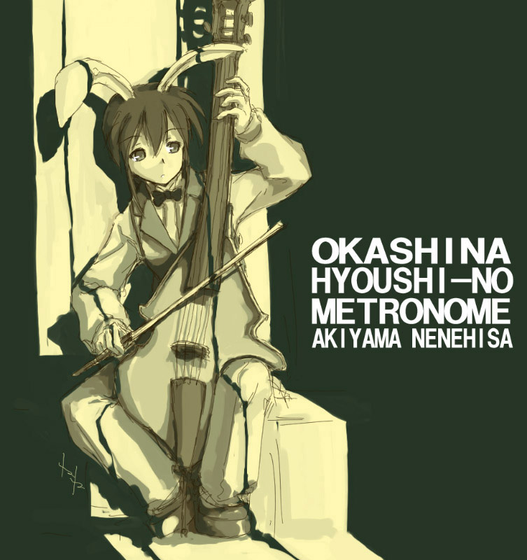 akiyama nenehisa, original, 1girl, animal ears, cello, female focus, hair between eyes, instrument, monochrome, music, rabbit ears, short hair with long locks, sitting, solo