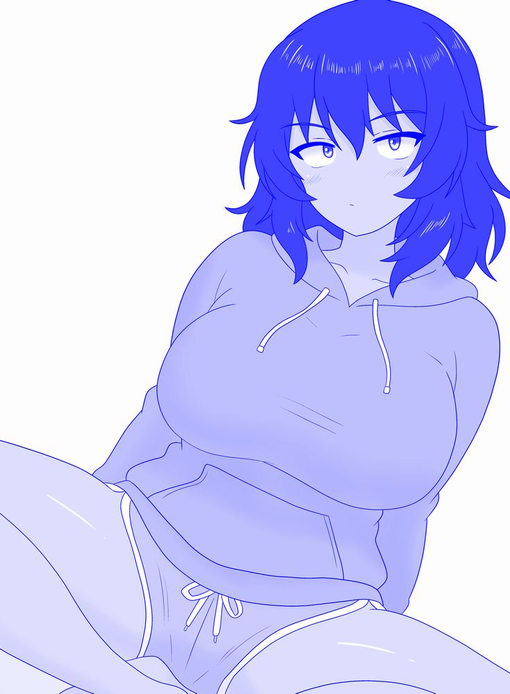 shira14, andou (girls und panzer), girls und panzer, 1girl, blush, breasts, closed mouth, large breasts, monochrome, shorts, solo, spread legs