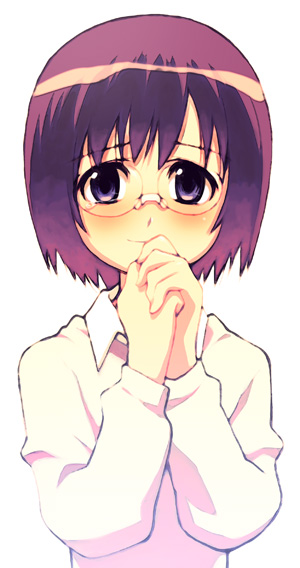 kawamura takayasu, original, 1girl, blush, female focus, glasses, looking at viewer, own hands together, purple eyes, purple hair, short hair, solo, tears, upper body