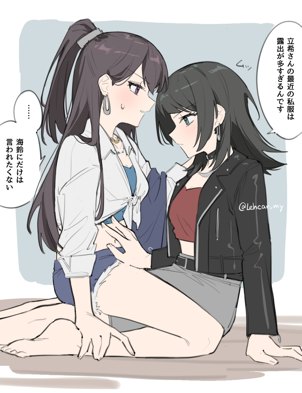 lehcar, shiina taki, yahata umiri, bang dream!, bang dream! it's mygo!!!!!, commentary request, highres, translation request, 2girls, barefoot, black jacket, blue eyes, blue shorts, brown hair, closed mouth, earrings, grey skirt, hand on another's stomach, jacket, jewelry, long hair, multiple girls, navel, parted lips, ponytail, purple eyes, red shirt, shirt, shorts, sitting, sitting on lap, sitting on person, skirt, speech bubble, sweat, white shirt, yuri