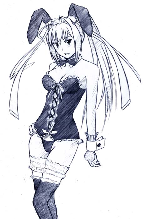giki (amemoyou), hayase mitsuki, kimi ga nozomu eien, 00s, 1girl, animal ears, bare shoulders, black thighhighs, corset, female focus, greyscale, highleg, highleg panties, lingerie, looking at viewer, monochrome, panties, rabbit ears, solo, thighhighs, underwear, wrist cuffs