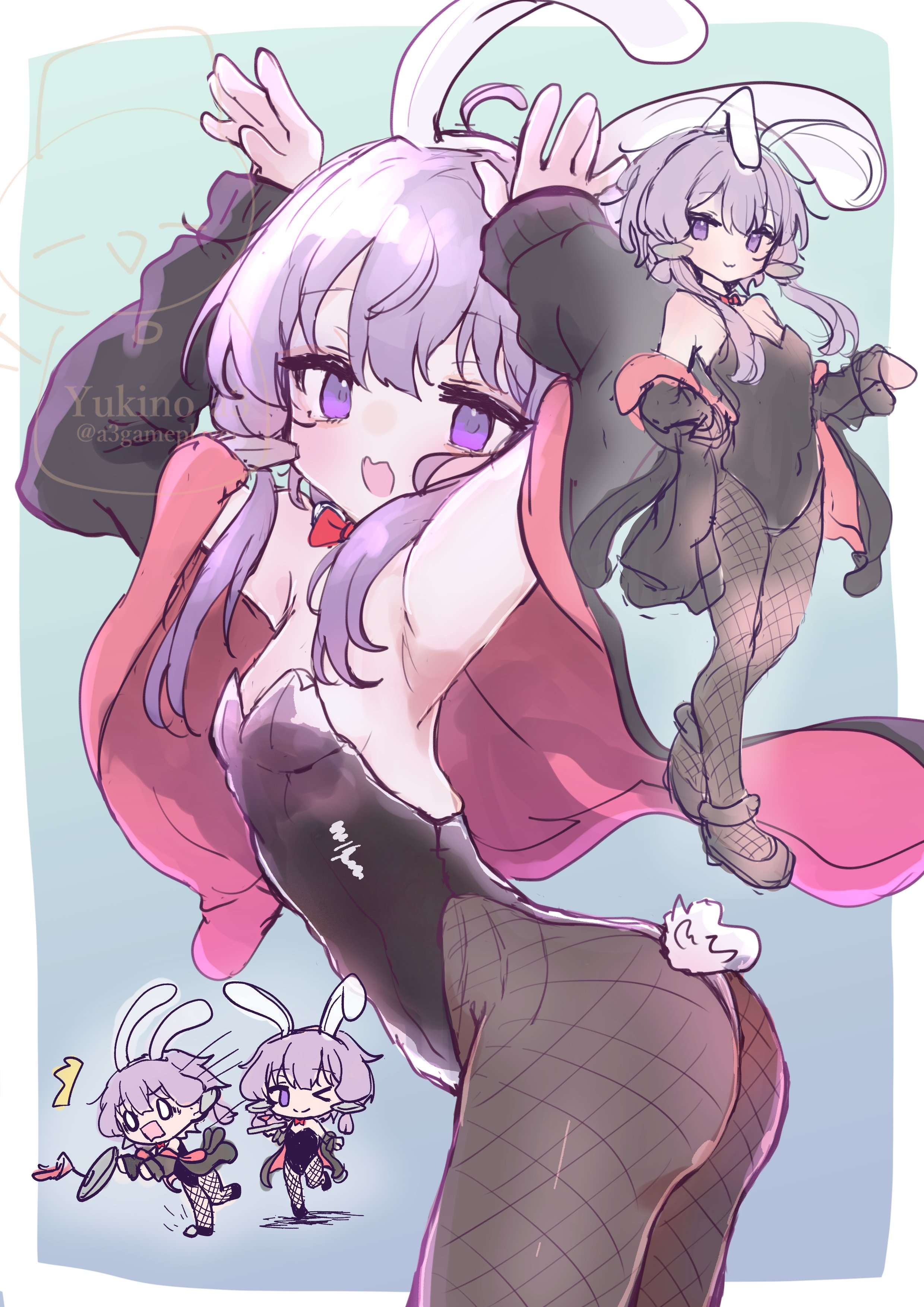 yukinoa3, yuzuki yukari, vocaloid, voiceroid, absurdres, commentary request, highres, 1girl, animal ears, aqua background, arms up, ass, black jacket, black leotard, border, breasts, chibi, fake animal ears, holding, holding tray, jacket, jacket partially removed, leotard, looking at viewer, low-tied sidelocks, multiple views, playboy bunny, purple eyes, purple hair, rabbit ears, rabbit pose, rabbit tail, sidelocks, small breasts, strapless, strapless leotard, tail, tray, twitter username, white border