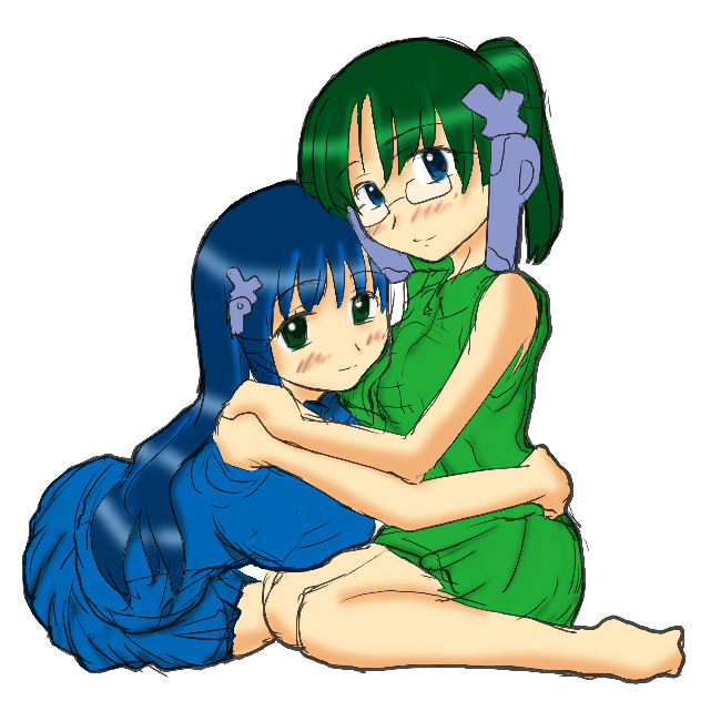 homeko, xp-tan, xp home-tan, xphome, os-tan, 2girls, arms around neck, arms around waist, barefoot, blue eyes, blue hair, blue skirt, blush, breasts, dress, glasses, green eyes, green hair, hair ornament, hug, large breasts, long hair, multiple girls, ponytail, short dress, skirt, smile