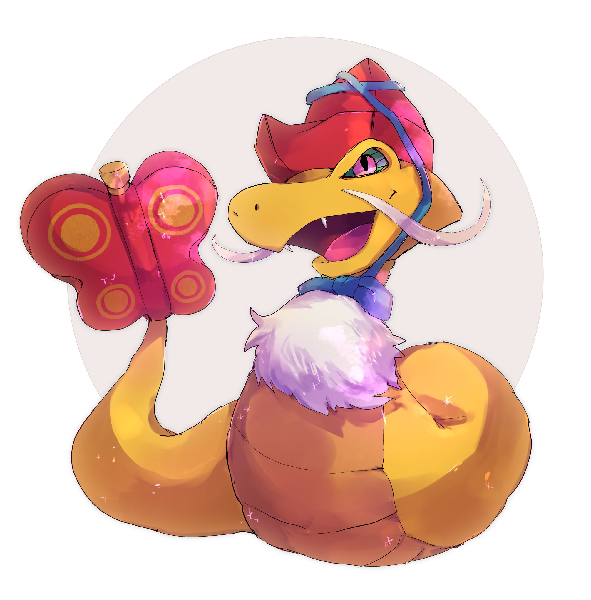 mamushigyouji, youkai watch, highres, black sclera, colored sclera, hat, no humans, open mouth, pink eyes, red hat, snake, solo, umeyoukan hn43, youkai (youkai watch)