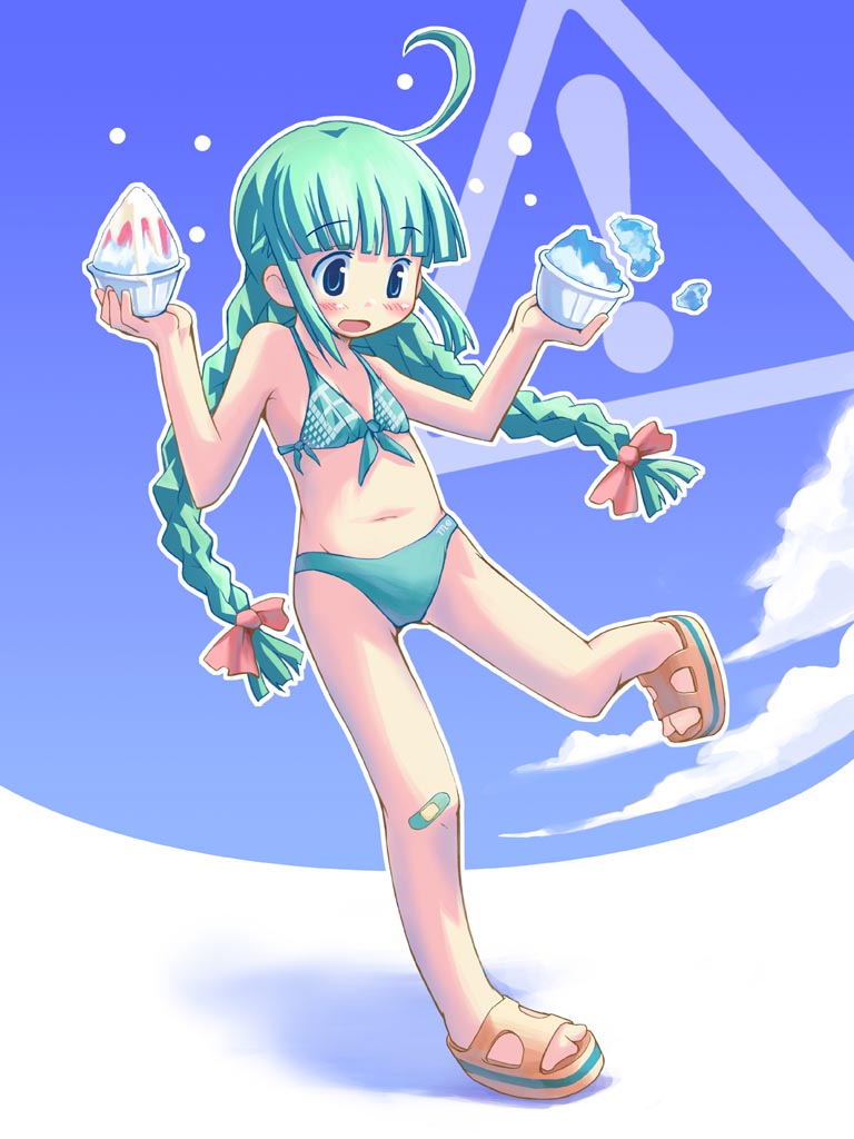 waka (sagi), me-tan, os-tan, md5 mismatch, 1girl, ahoge, bandaid, bandaid on knee, bandaid on leg, bikini, blue background, blue eyes, blunt bangs, blush, bow, braid, child, female focus, food, front-tie top, full body, green bikini, green hair, hair bow, hands up, holding, long hair, looking down, open mouth, outline, red bow, sandals, shaved ice, solo, swimsuit, tripping, twin braids