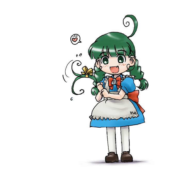 me-tan, os-tan, !, 1girl, ahoge, apron, blush, bow, braid, child, dress, fang, female focus, green eyes, green hair, happy, heart, long hair, matching hair/eyes, open mouth, pantyhose, ribbon, simple background, solo, speech bubble, spoken heart, twin braids, twintails, white background, white pantyhose