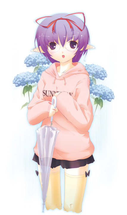 dasoku sentarou, original, 1girl, bow, elf, female focus, flower, glasses, hair ribbon, holding, holding umbrella, hood, hoodie, hydrangea, looking at viewer, open mouth, pointy ears, purple eyes, purple hair, ribbon, skirt, solo, thighhighs, umbrella, yellow thighhighs, zettai ryouiki