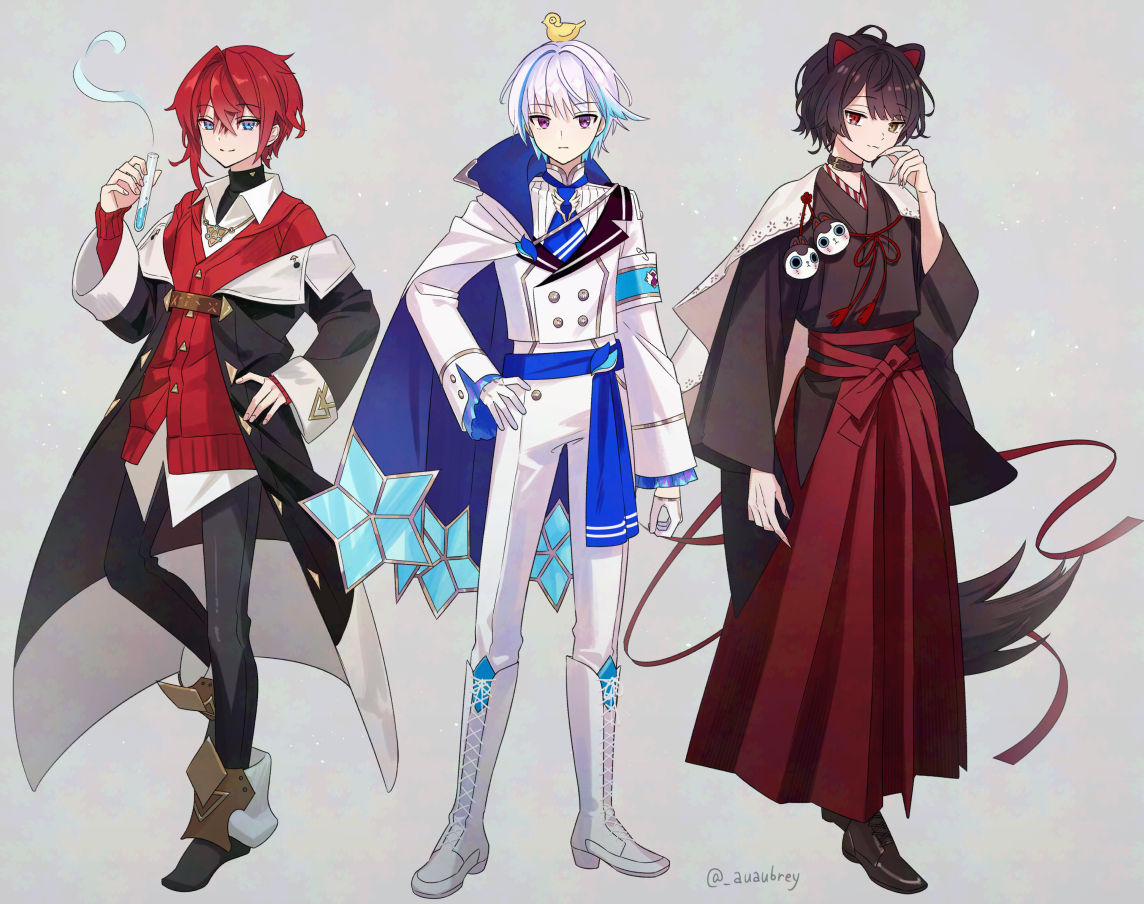aubrey (kyarairo), ange katrina, ange katrina (1st costume), inui toko, inui toko (1st costume), lize helesta, lize helesta (1st costume), sebastian piyodore, nijisanji, adversarial noise, commentary request, 3boys, adapted costume, animal, animal on head, ankle boots, armband, belt, bird, bird on head, black boots, black coat, black pants, blue armband, blue belt, blue hair, blue necktie, boots, brown collar, brown hair, brown kimono, brown shoes, brown tail, buttons, cape, cardigan, closed mouth, coat, collar, collared shirt, colored inner hair, contrapposto, dog boy, dog tail, double-breasted, fingernails, frilled sleeves, frills, full body, genderswap, genderswap (ftm), gloves, gold necklace, grey background, group picture, hair between eyes, hair intakes, hakama, half gloves, hand up, hands on own hips, heterochromia, high heel boots, high heels, holding, holding test tube, jacket, japanese clothes, jewelry, kimono, knee boots, lace-up boots, lapels, long bangs, long sleeves, looking at viewer, male focus, mandarin collar, multicolored hair, multiple boys, necklace, necktie, notched lapels, off shoulder, on head, pants, purple eyes, red cardigan, red eyes, red hair, red hakama, sanbaka (nijisanji), sharp fingernails, shirt, shoes, short hair, side-by-side, simple background, single sidelock, streaked hair, tail, test tube, twitter username, two-tone hair, virtual youtuber, white boots, white cape, white gloves, white hair, white jacket, white pants, white shirt, yellow bird, yellow eyes