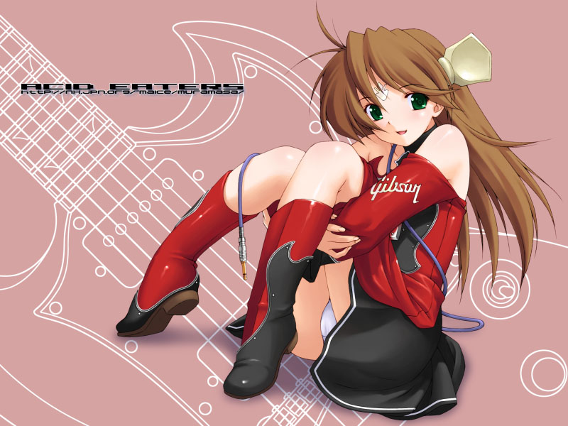 kazuma muramasa, gibson, gibson sg, original, 1girl, bare shoulders, boots, brown hair, detached sleeves, electric guitar, facial mark, female focus, green eyes, guitar, guitar girl, hugging own legs, instrument, long hair, looking at viewer, panties, pantyshot, sitting, skirt, smile, solo, underwear, white panties
