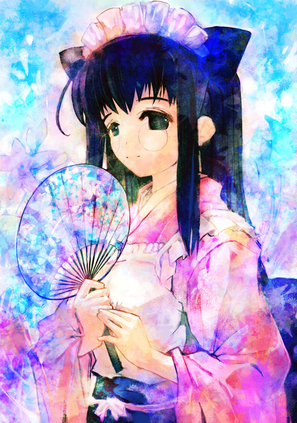 momiji mao, animal ears, bonnet, cat ears, glasses, hand fan, japanese clothes, maid, maid headdress, paper fan, solo, uchiwa, wa maid