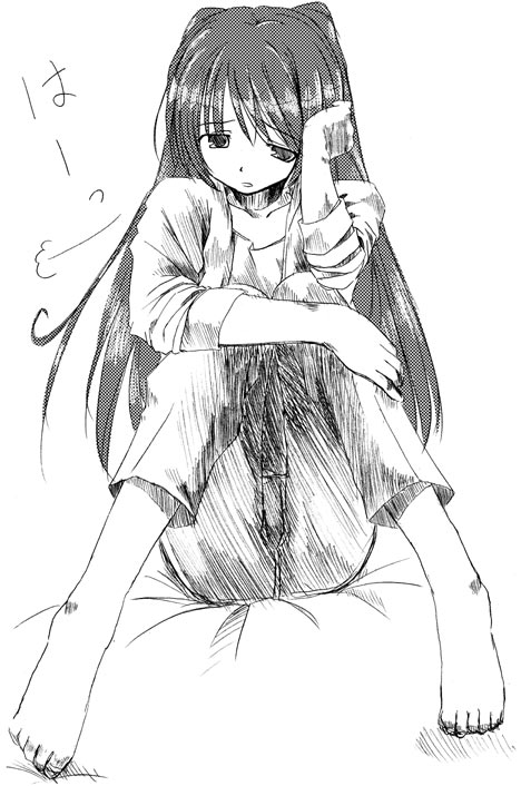 fujitsuki, kousaka tamaki, to heart (series), to heart 2, 00s, 1girl, barefoot, capri pants, casual, feet, female focus, greyscale, monochrome, pants, sketch, sleeves pushed up, solo