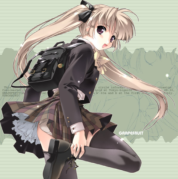 shintarou, original, duplicate, 1girl, backpack, bag, black theme, black thighhighs, blonde hair, bow, brown eyes, brown hair, female focus, hair ribbon, jacket, leg lift, lingerie, long hair, looking back, miniskirt, panties, pantyshot, petticoat, plaid clothes, plaid skirt, pleated skirt, randoseru, ribbon, school uniform, serafuku, shoes, skirt, solo, standing, thighhighs, twintails, underwear, upskirt, white panties