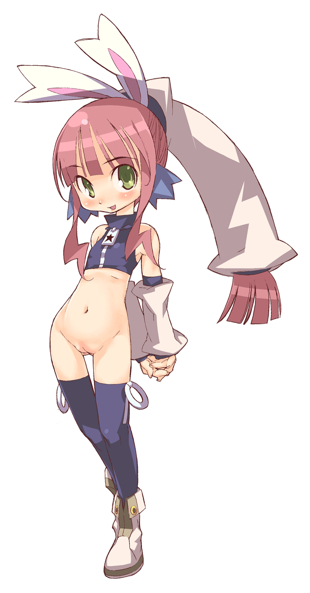 himukai yuuji, original, highres, 1girl, animal ears, ankle boots, arms behind back, bare shoulders, blue thighhighs, boots, bottomless, cleft of venus, female focus, green eyes, loli, long hair, navel, no panties, pussy, rabbit ears, simple background, solo, thigh gap, thighhighs, tongue, white background