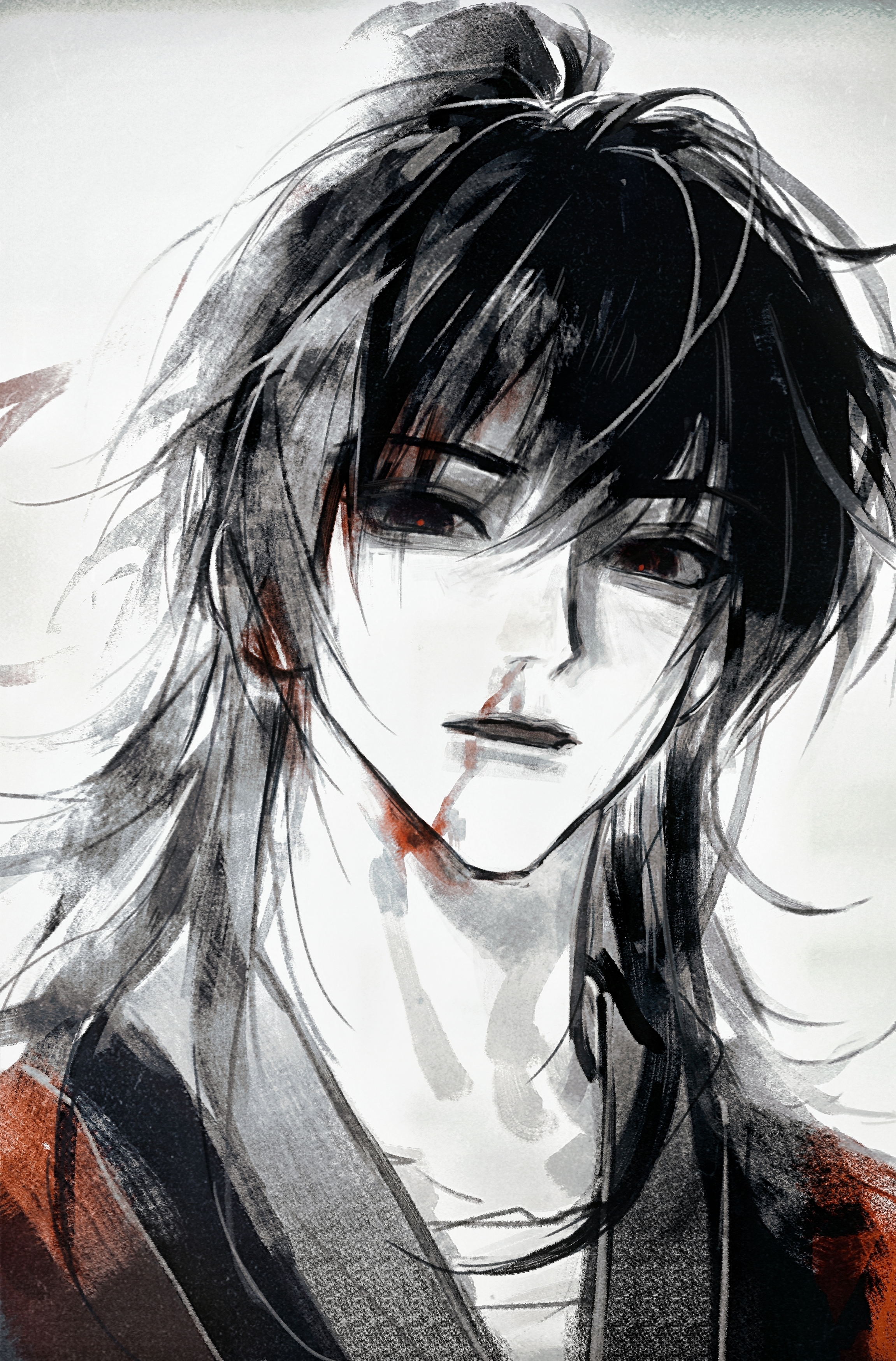 li huowang, dao gui yi xian, absurdres, chinese commentary, highres, 1boy, bags under eyes, bandaged chest, bishounen, black eyes, black hair, black hanfu, bleeding, blood, blood from mouth, blood on face, chinese clothes, coat, faux traditional media, grey background, hair between eyes, hair bun, hanfu, ink wash painting, long hair, looking at viewer, male focus, nosebleed, parted lips, portrait, red coat, red eyes, red pupils, simple background, single hair bun, solo, spot color, therain98400, upper body, white background