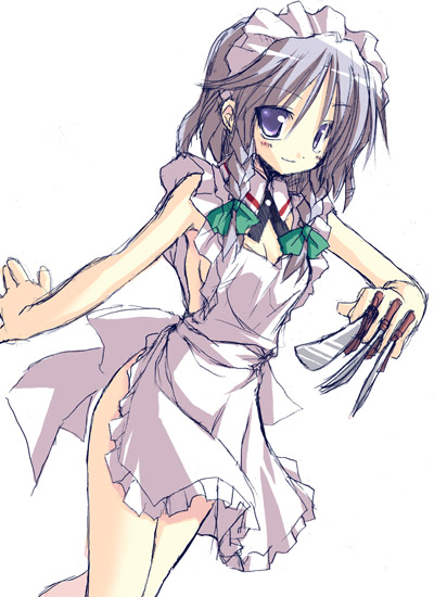satou kibi, izayoi sakuya, touhou, silver hair, 1girl, apron, between fingers, bonnet, braid, female focus, holding, knife, maid, maid apron, naked apron, purple eyes, ribbon, sketch, smile, solo, throwing knife, twin braids, weapon